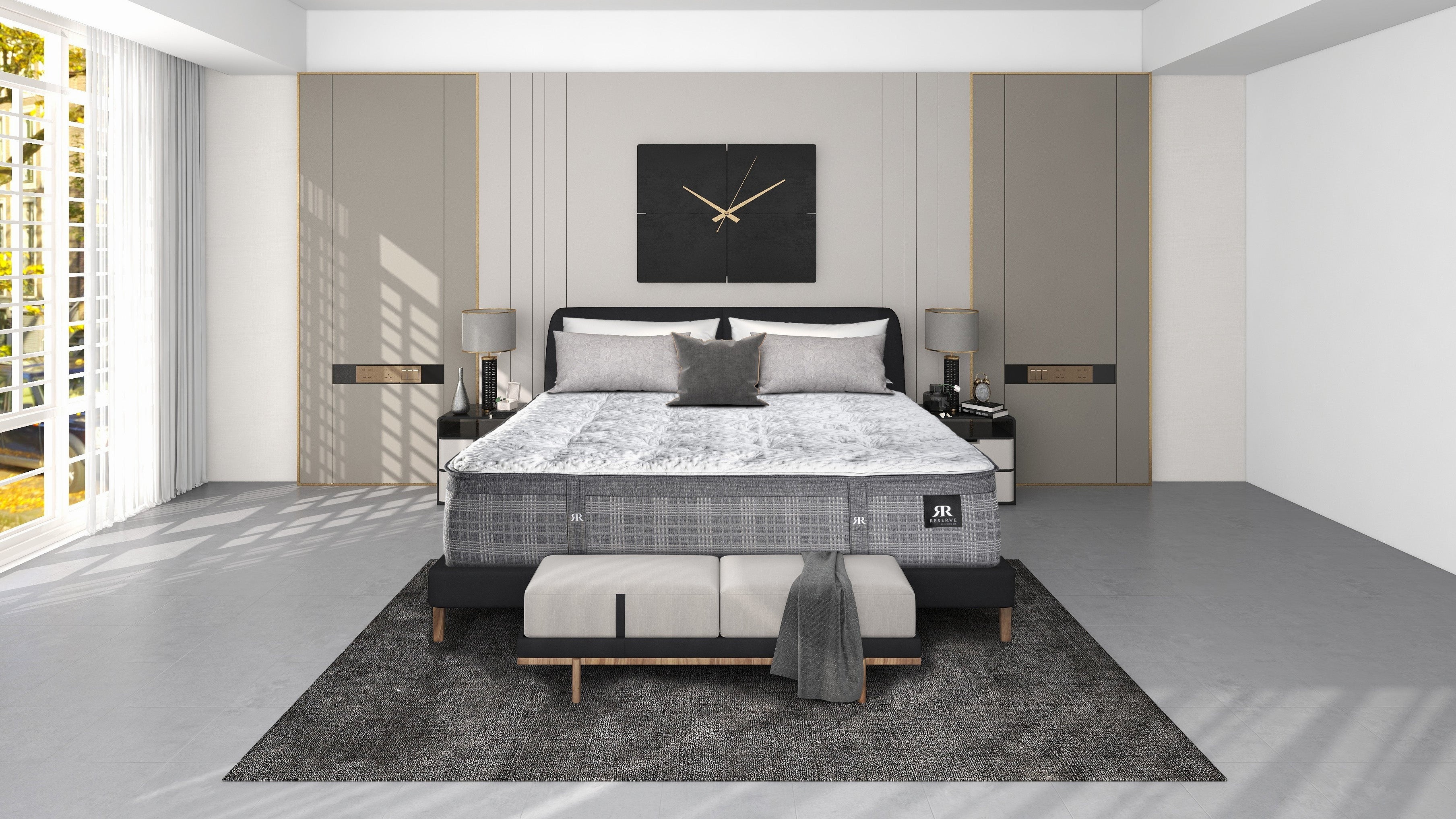 Sleep centers bedroom and mattress image banner with a bed in the center, nightstands, and decor elements.