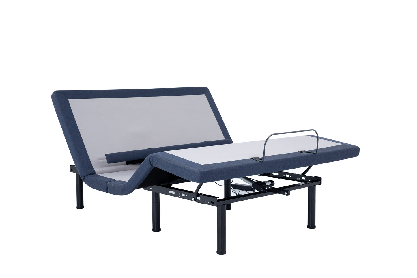 Wide three-quarter angle view of the elevated Purely Sleep NXPS650 base showcasing the active lower back lumbar support wing.