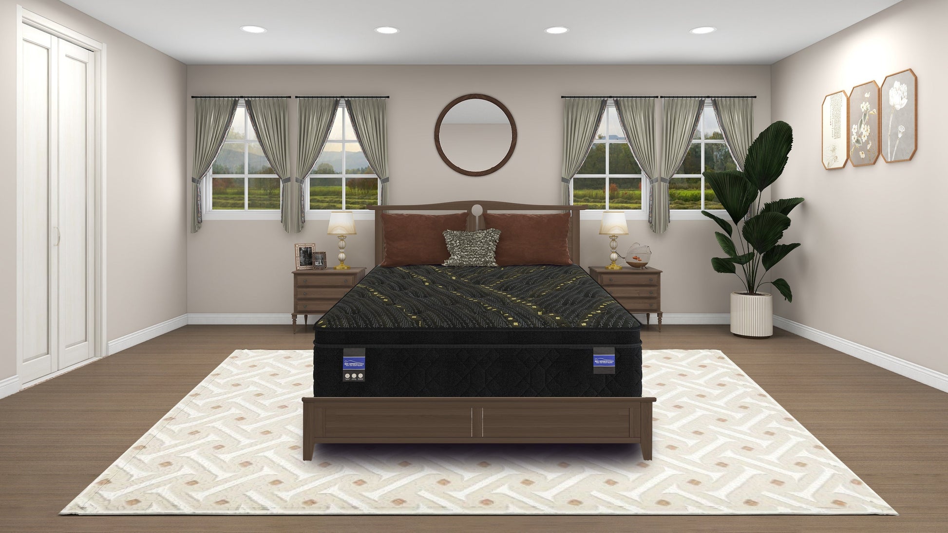 Sleep centers bedroom and mattress image banner with a bed in the center, nightstands, and decor elements.