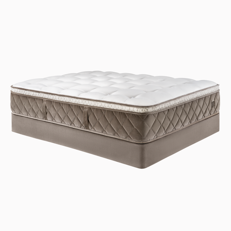 Detailed view of the Royal Silken Damask top cover and natural pressure-relieving Talalay Latex support layer.