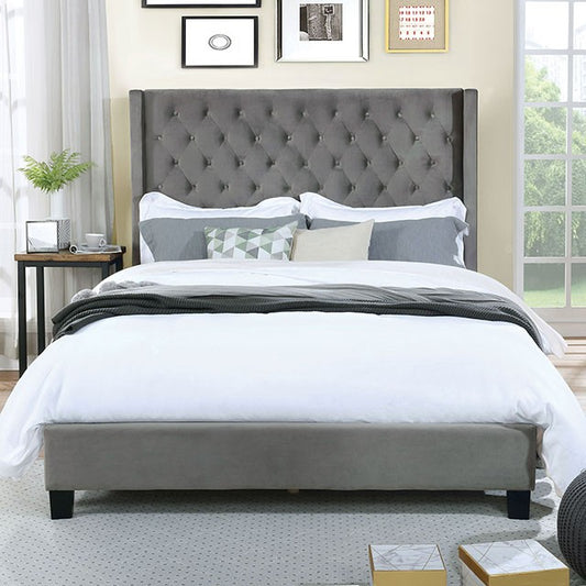 Queen Grey Upholstered Wingback Bed