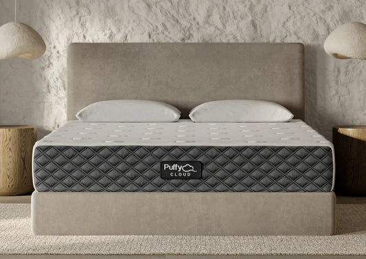 The Puffy Cloud memory foam mattress displayed straight-on in our San Diego showroom.