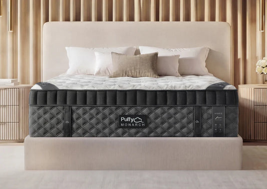 Flagship 16-inch Puffy Monarch Hybrid ultra luxury mattress displayed straight-on in our San Diego showroom.
