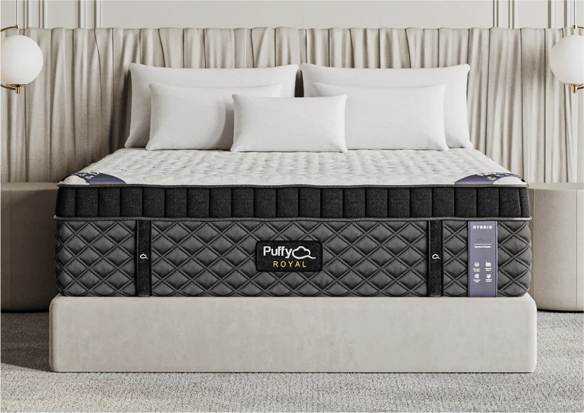 The premium Puffy Royal Hybrid luxury mattress displayed straight-on in our San Diego storefront layout.