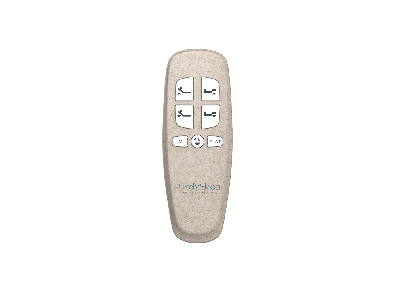 Close-up view of the Purely Sleep NXPS200 wireless remote highlighting the TV, Lounge, Anti-Snore, and Zero-Gravity preset button layout.