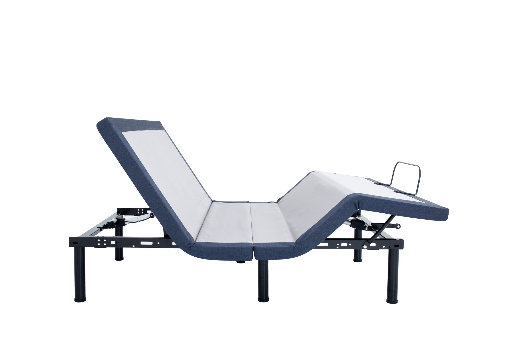 Purely Sleep NXPS200 low profile smart adjustable power base with both head and foot fully elevated on display.