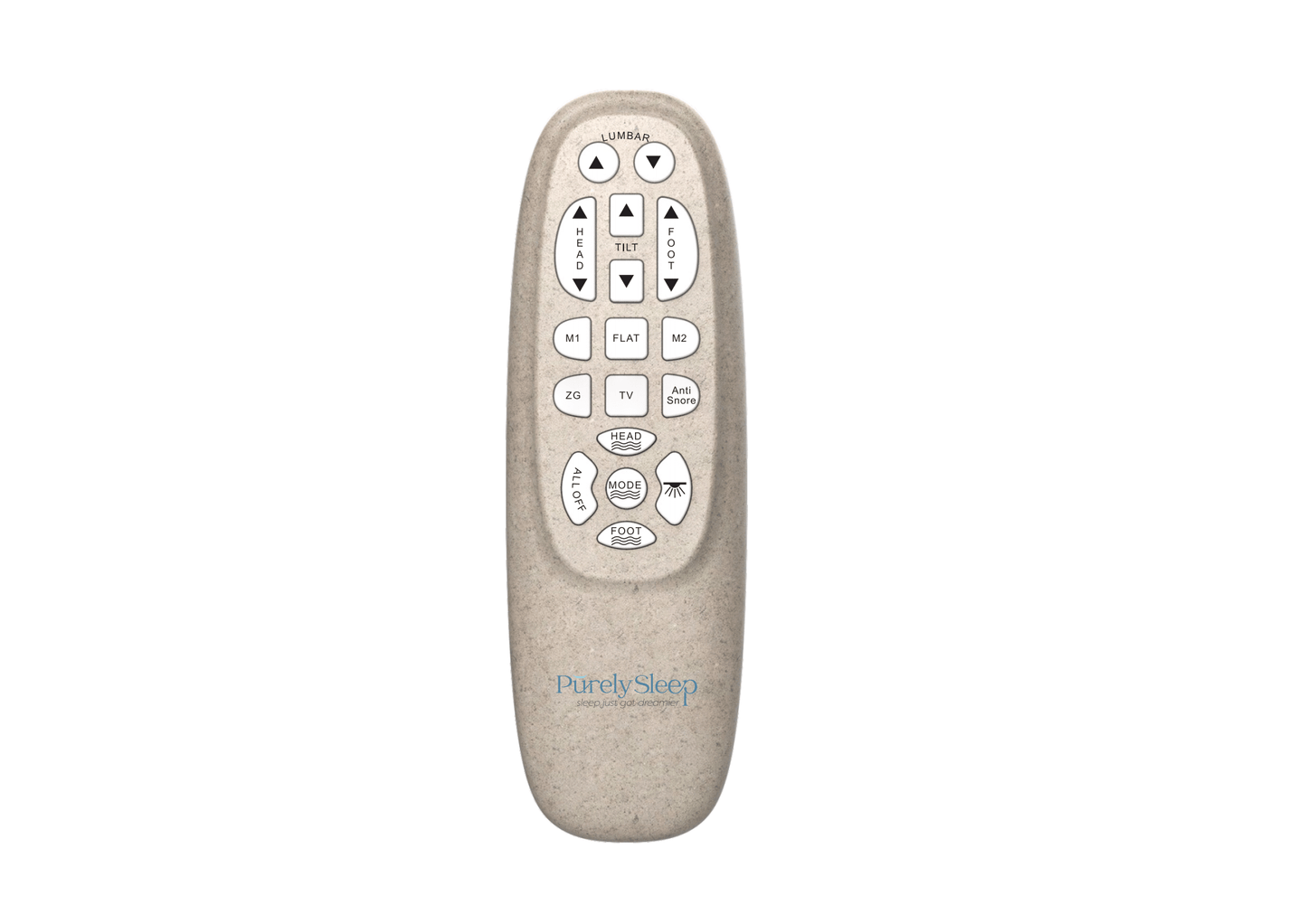 Close-up view of the flagship Purely Sleep NXPS650 backlit wireless remote highlighting neck tilt, lumbar adjustments, and massage control presets.