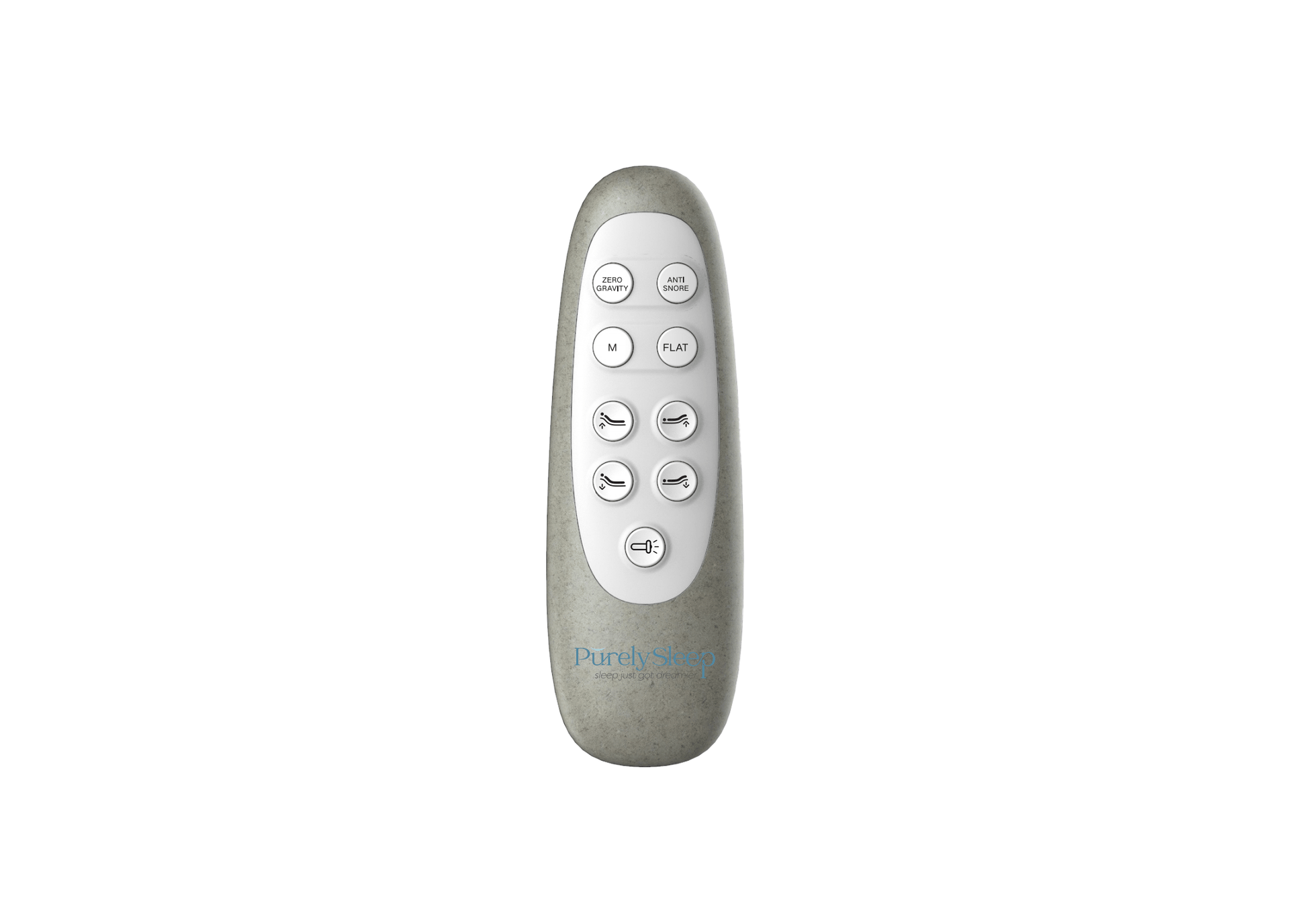 Close-up view of the Purely Sleep PS150 backlit wireless remote control highlighting the Zero Gravity and Anti-Snore preset buttons.